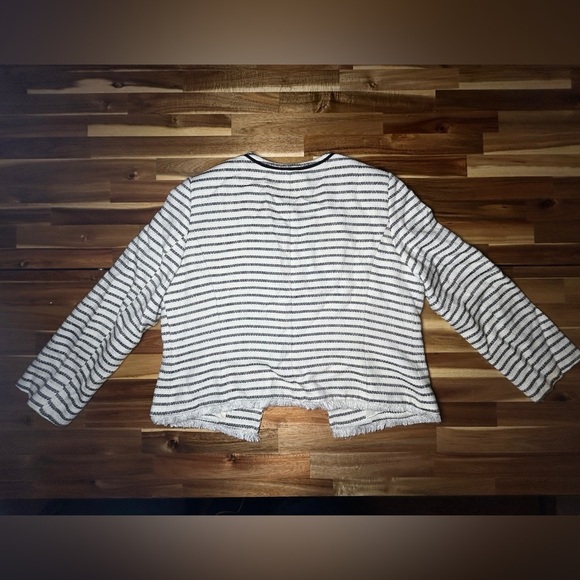 Tahari by ASL Boucle Open Front Fray Trim Black and White Striped Jacket Sz 16P - Picture 3 of 11